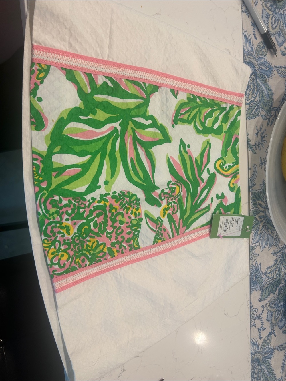 Lilly Pulitzer White Towel with Green and Pink Tropical Print